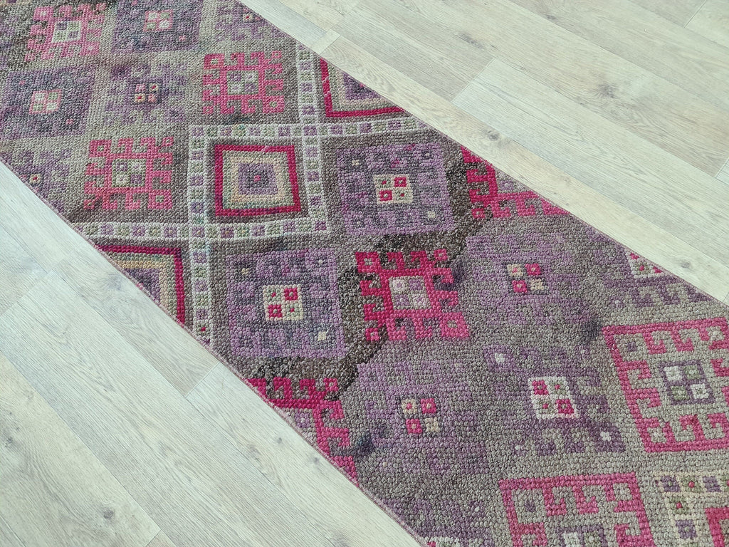 Hand Knotted Wool Herki Runner Rug: Vintage Turkish Hallway Rug