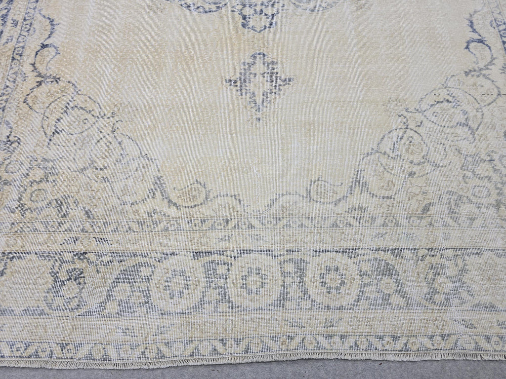 8x10 Faded Oushak Wool Area Rug Handmade Vintage Turkish Beige Blue Oriental Carpet