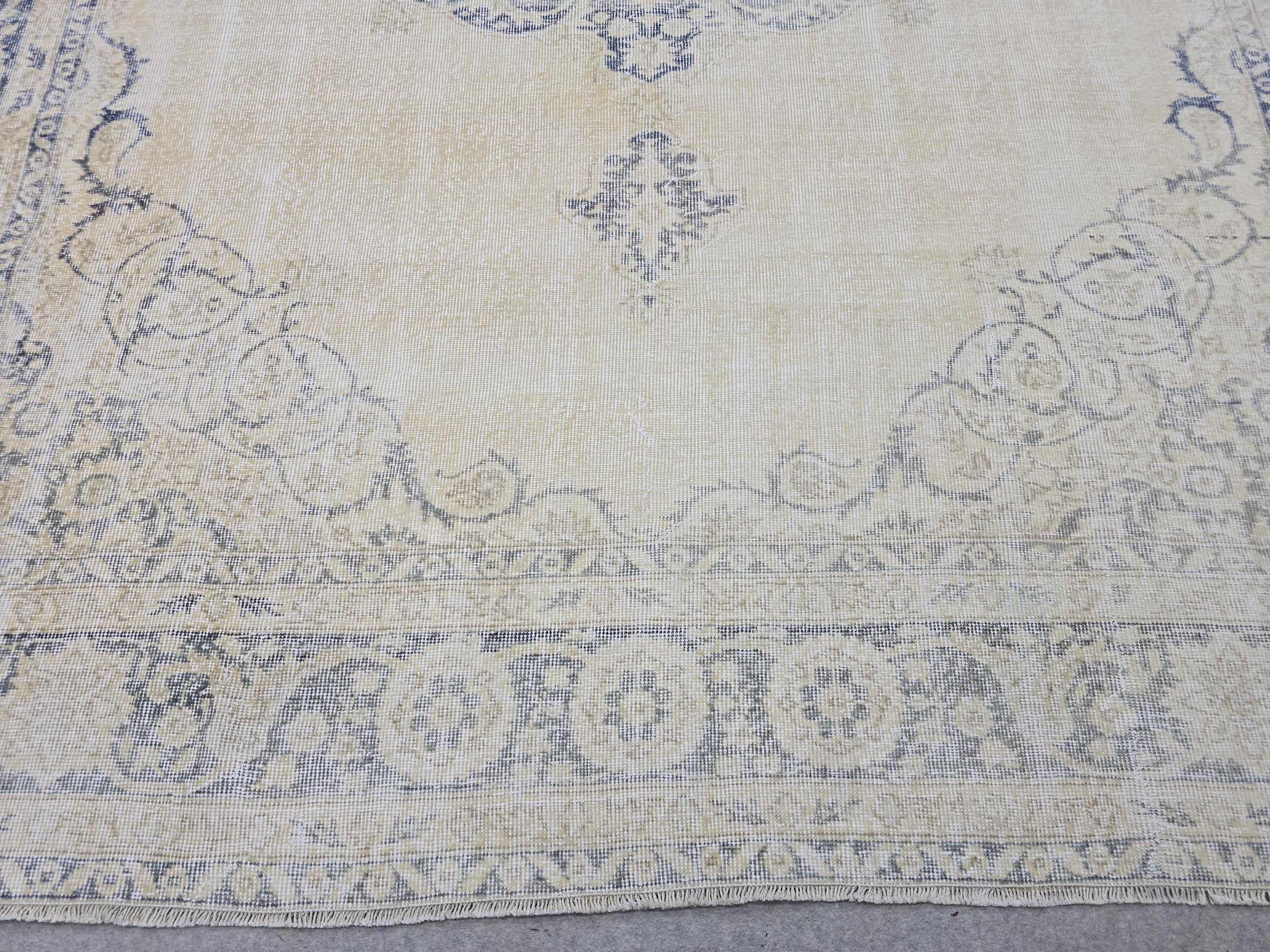 8x10 Faded Oushak Wool Area Rug Handmade Vintage Turkish Beige Blue Oriental Carpet