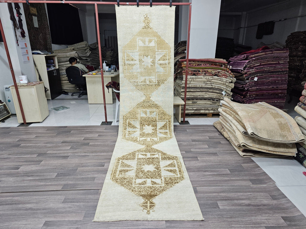 Vintage Turkish Oushak Runner Rug: 3x13 Neutral Wool Hallway Carpet