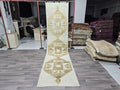 Vintage Turkish Oushak Runner Rug: 3x13 Neutral Wool Hallway Carpet