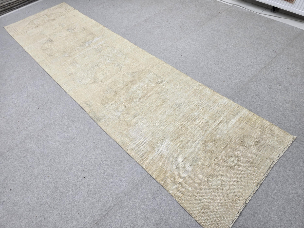 Turkish Rug 3x12 Runner, Vintage Rug for Hallway, Neutral Beige Wool Runner Rug, Cream Kitchen Rug, Boho Entryway Decor, Faded Wool Rug