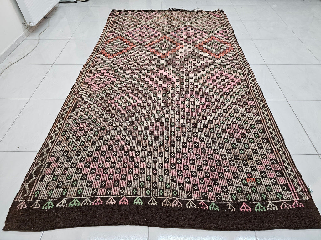 Handmade Wool Checkered Rug: 6x10.75 ft Vintage Eclectic Carpet