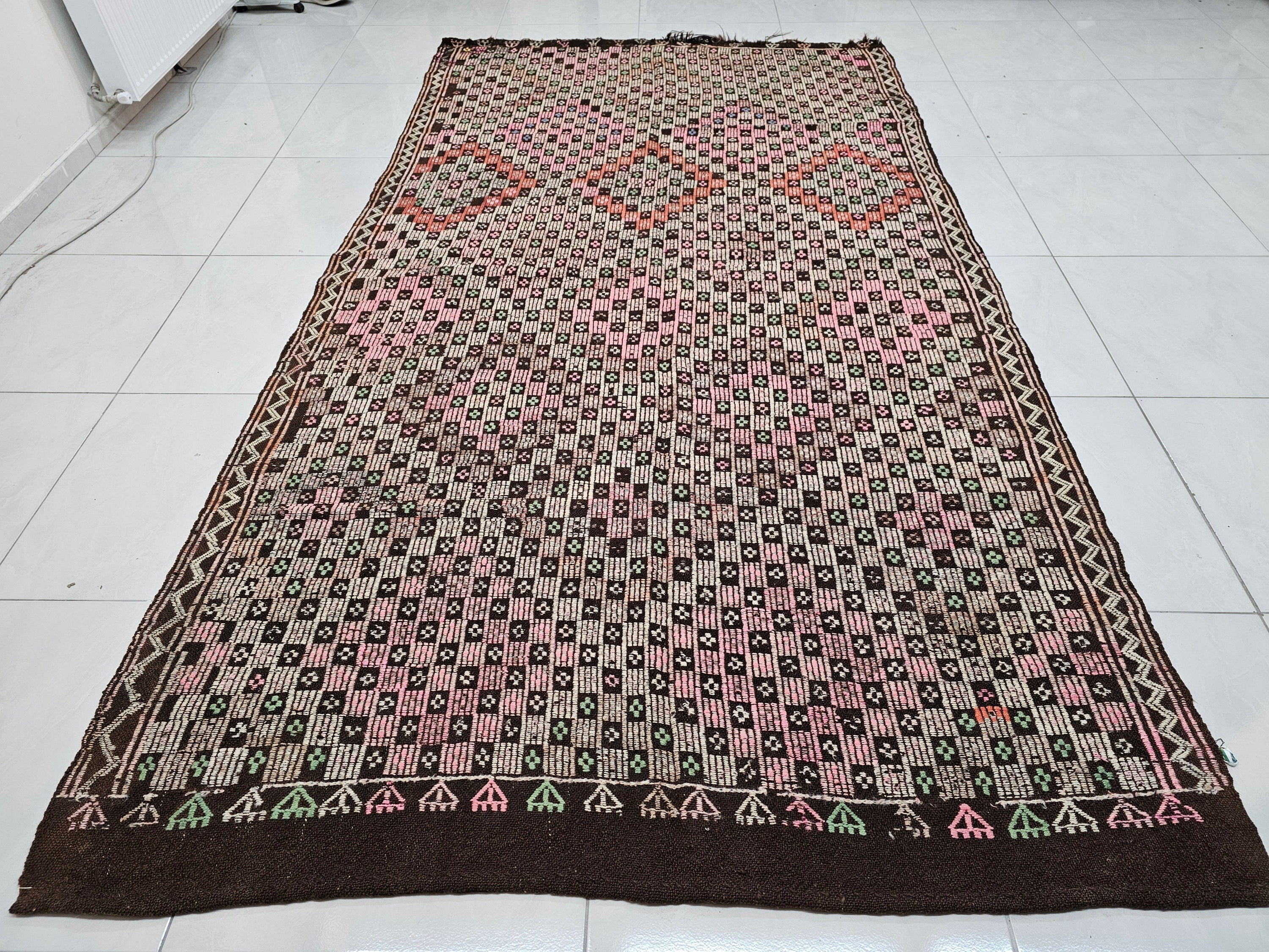 Handmade Wool Checkered Rug: 6x10.75 ft Vintage Eclectic Carpet