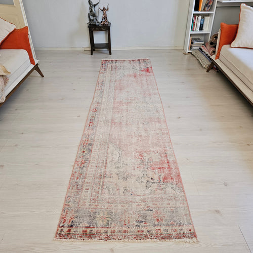 2x9 Vintage Turkish Runner Rug: Muted pastel Color Handwoven Wool Oushak Runner, 9 feet Faded Hallway Rug