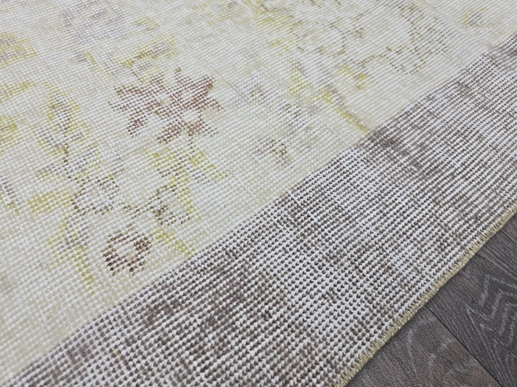 Vintage Oushak Rug: 4x7 Handknotted Wool Ivory Cream Floral Turkish Carpet