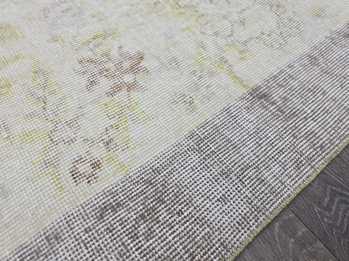 Vintage Oushak Rug: 4x7 Handknotted Wool Ivory Cream Floral Turkish Carpet