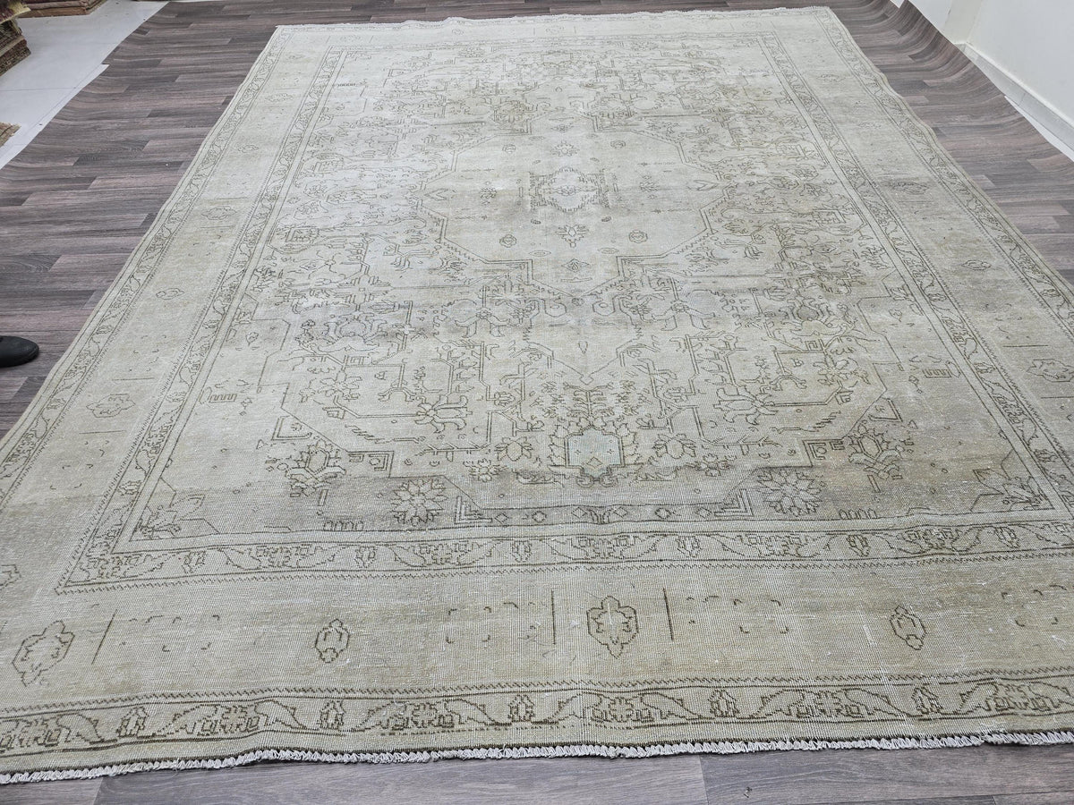 Extra Large Hand-Knotted Wool Rug: 9.5x12.6 ft Distressed Turkish Oriental Carpet