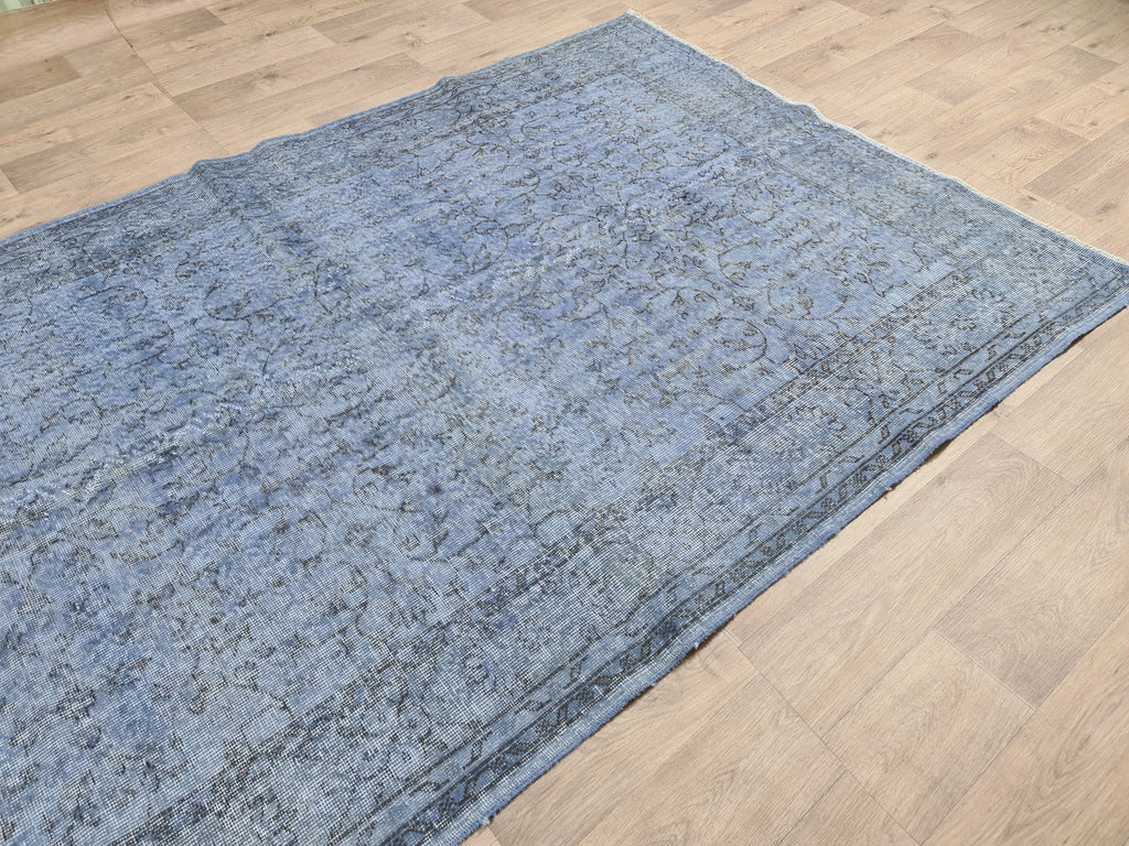 Hand Knotted Vintage Turkish Wool Rug: 6x9 Blue Oushak Carpet