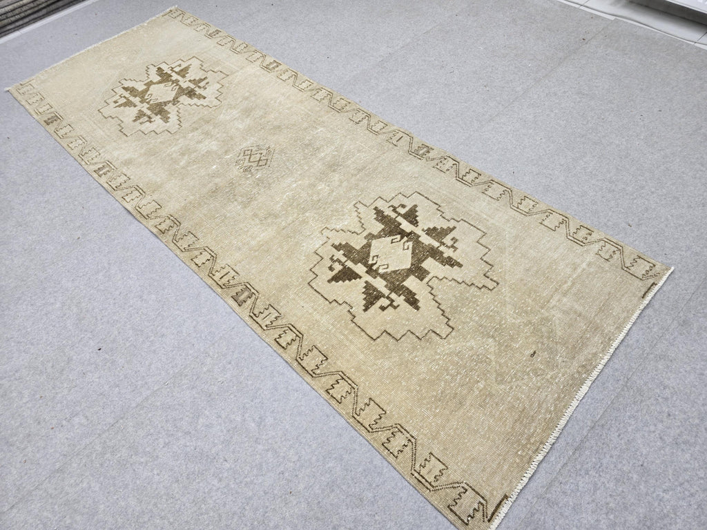 Turkish Rug 3.5x10 Runner, Wheat Brown Wool Rug for Entryway, Tribal Star Medallion Carpet, Neutral Stair Runner, Rustic Dining Decor