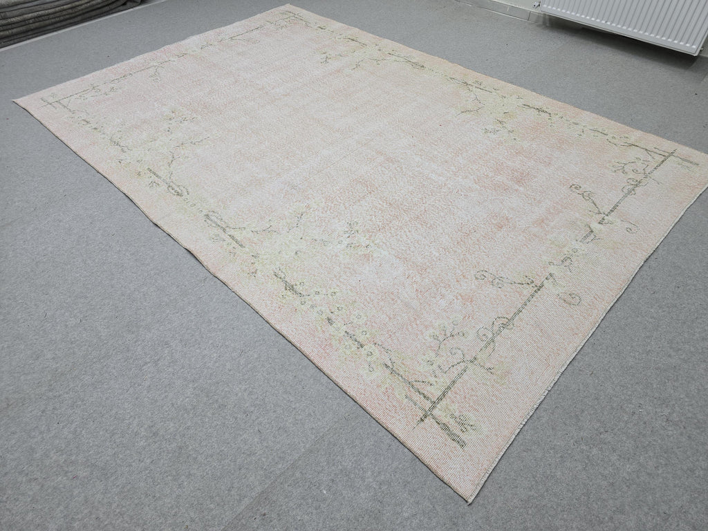 Oushak Rug 7x10, Faded Blush Pink Hand Knotted Turkish Area Rug, Muted Neutral Wool Carpet, Boho Bedroom Living Room Farmhouse Decor