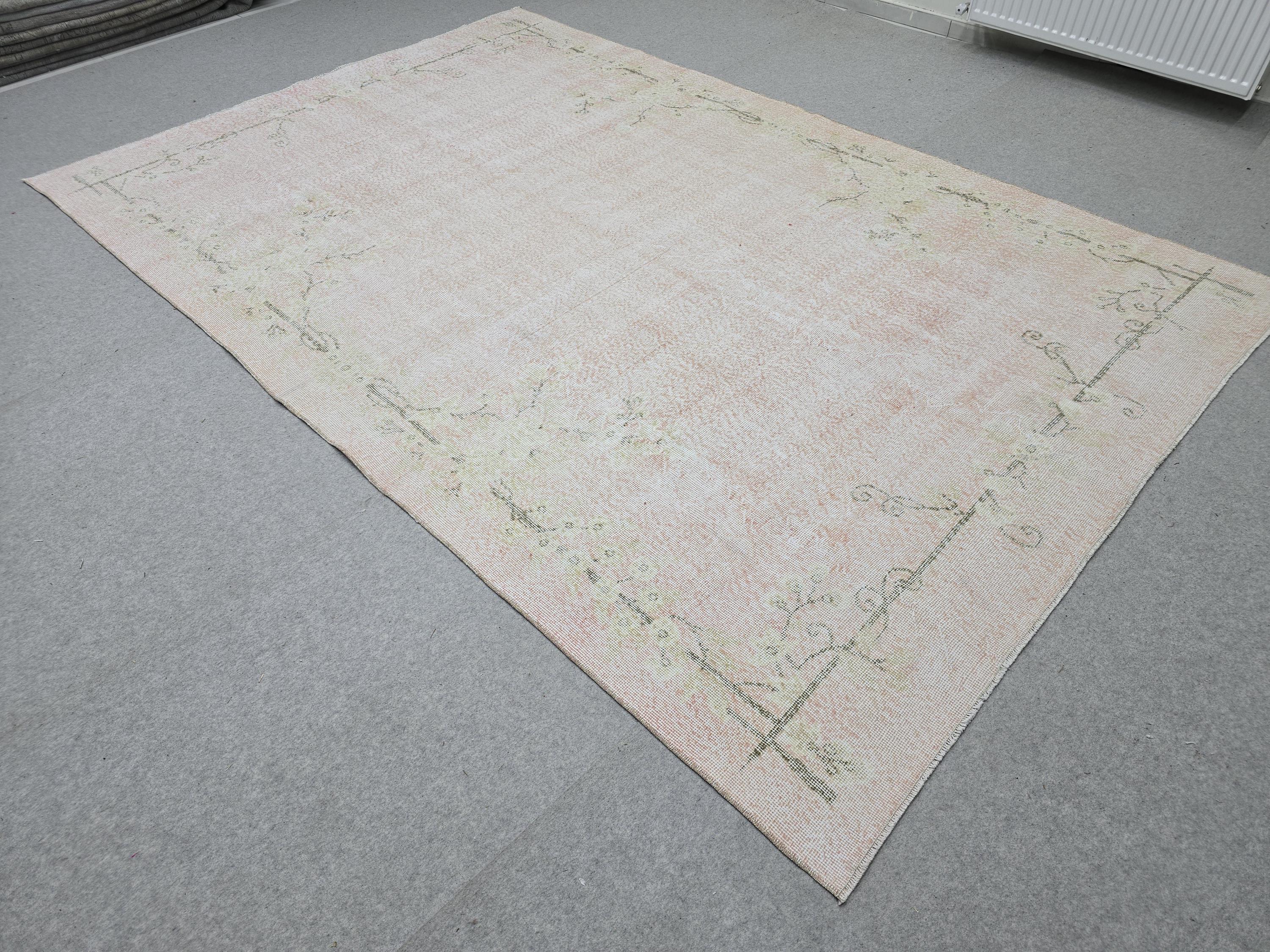 Oushak Rug 7x10, Faded Blush Pink Hand Knotted Turkish Area Rug, Muted Neutral Wool Carpet, Boho Bedroom Living Room Farmhouse Decor