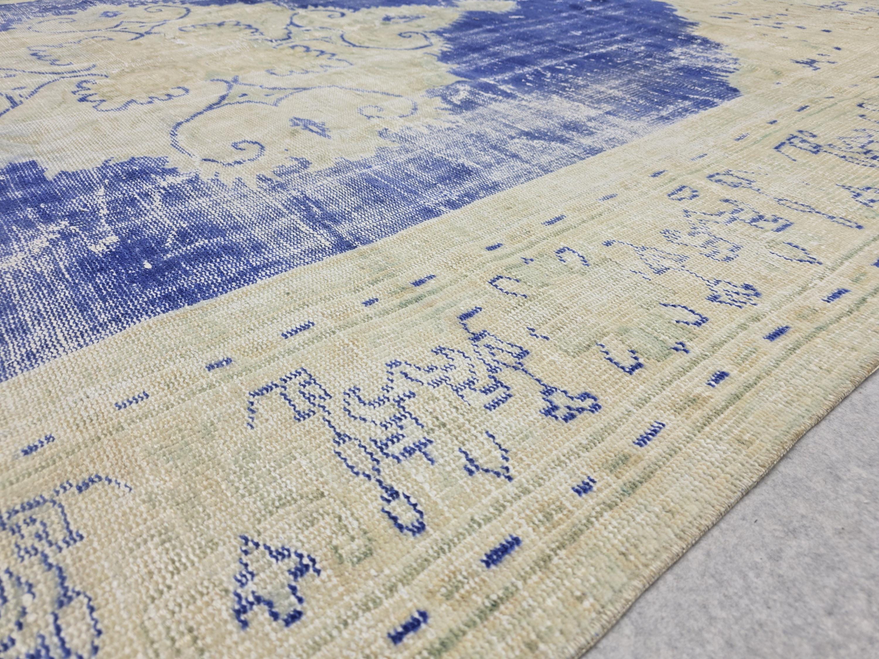 Vintage Turkish Oushak Rug 7x10, Cream Blue Oriental Wool Carpet
