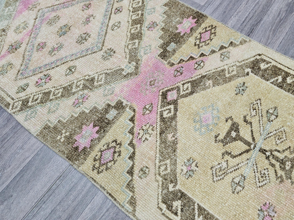 Hand Knotted Turkish Wool Runner Rug: Muted Neutral Colors, 2x6 ft