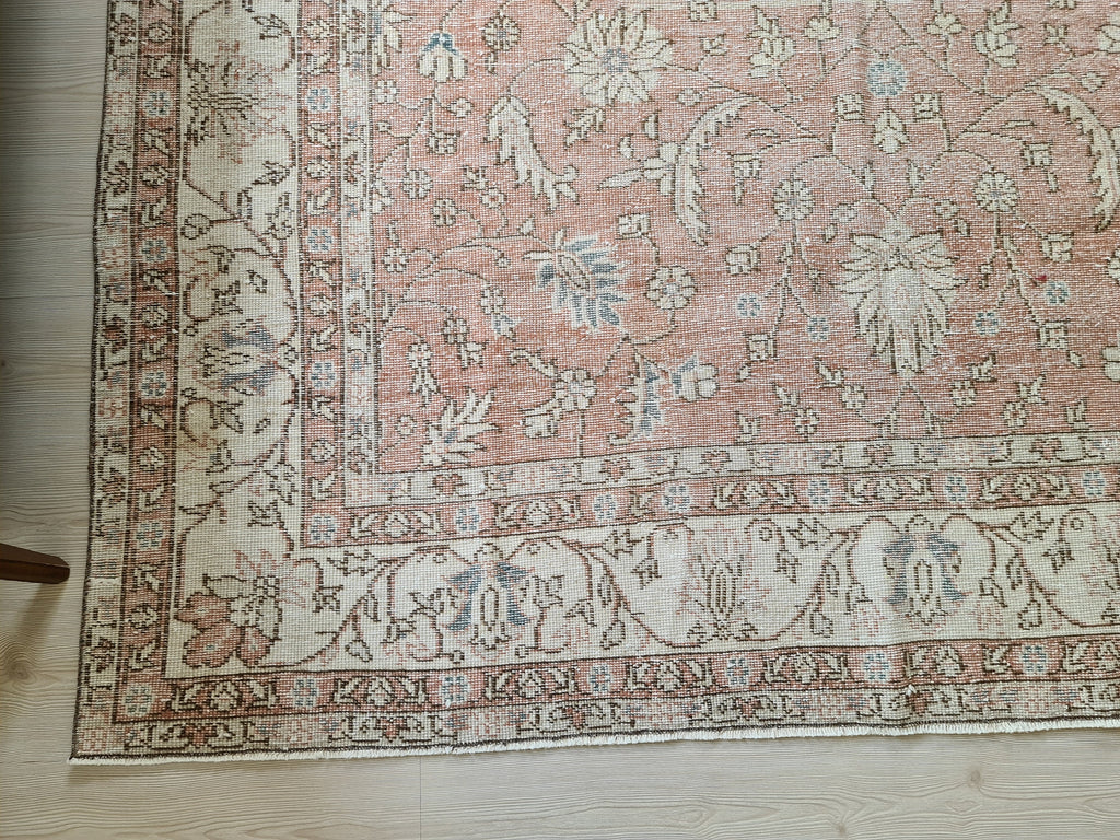 7x10 Vintage Turkish Rug: Hand knotted Wool Oushak area Rug -  6.8 x 9.9 ft, Organic Wool