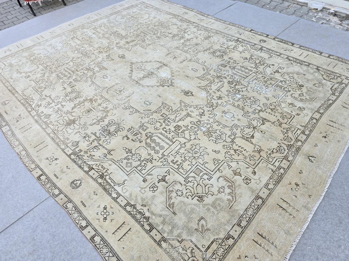Turkish Rug 9x12 · Distressed Neutral Camel Beige Wool Area Rug · Faded Hand Knotted Vintage Oushak Carpet  · Living Room Boho Decor