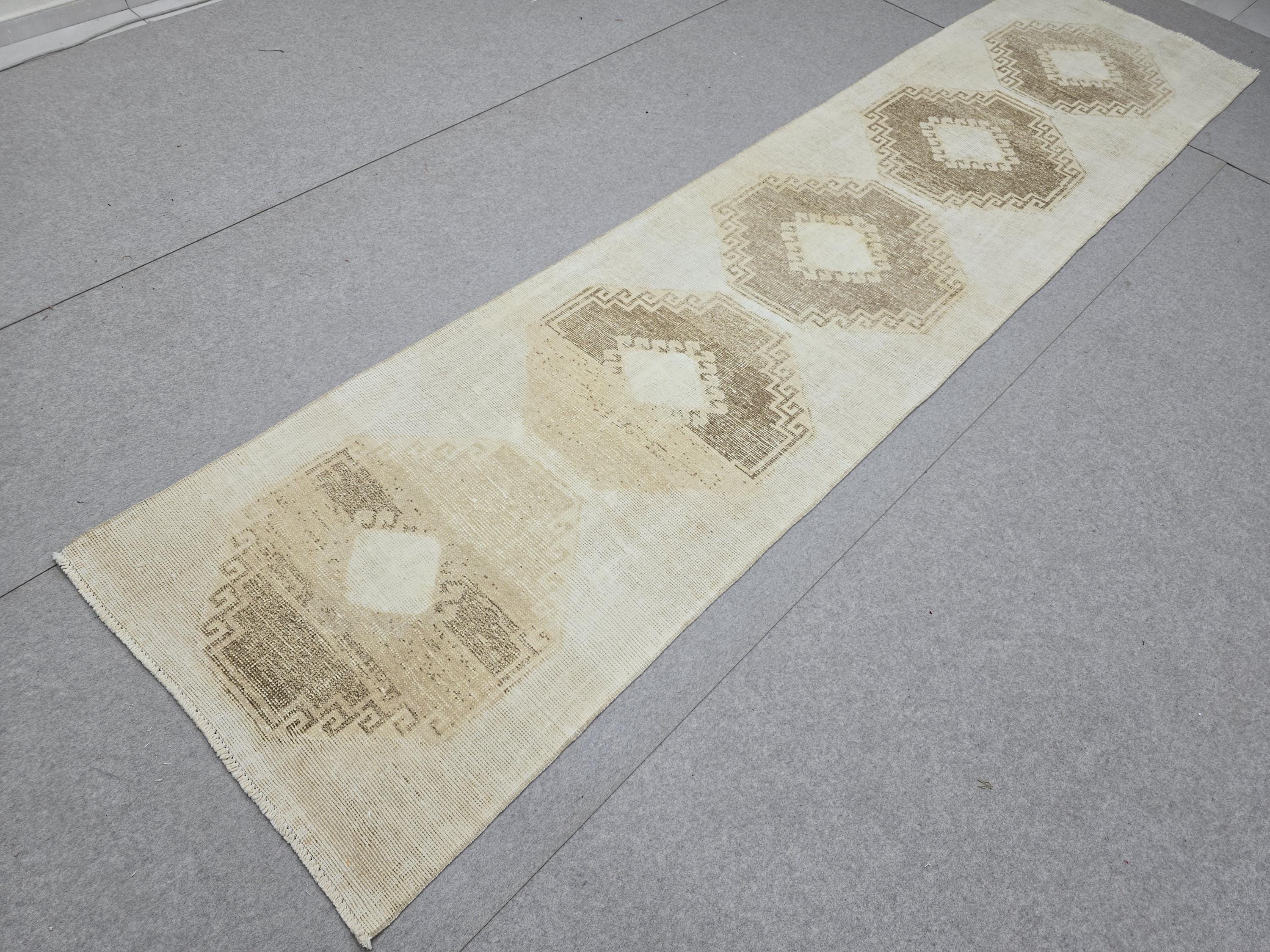 Oushak Rug 3x12, Distressed Neutral Runner, Hand Knotted Wool Turkish Runner, Faded Oatmeal Hallway Rug, Vintage Boho Stair Carpet