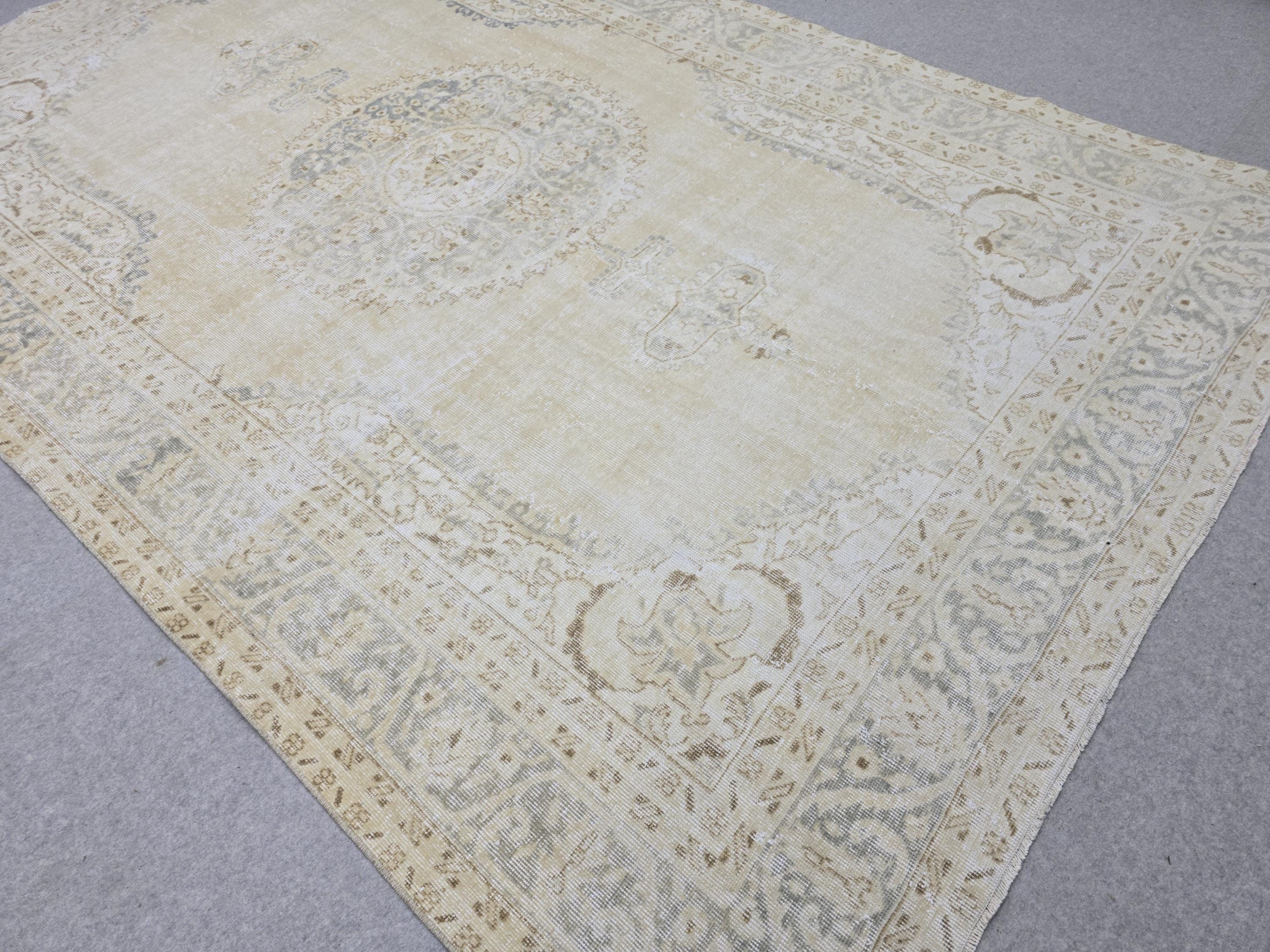 Oushak Rug 7x10, Beige Medallion Antique Turkish Carpet, Faded Muted Handknotted Wool Rug for Living Room Office