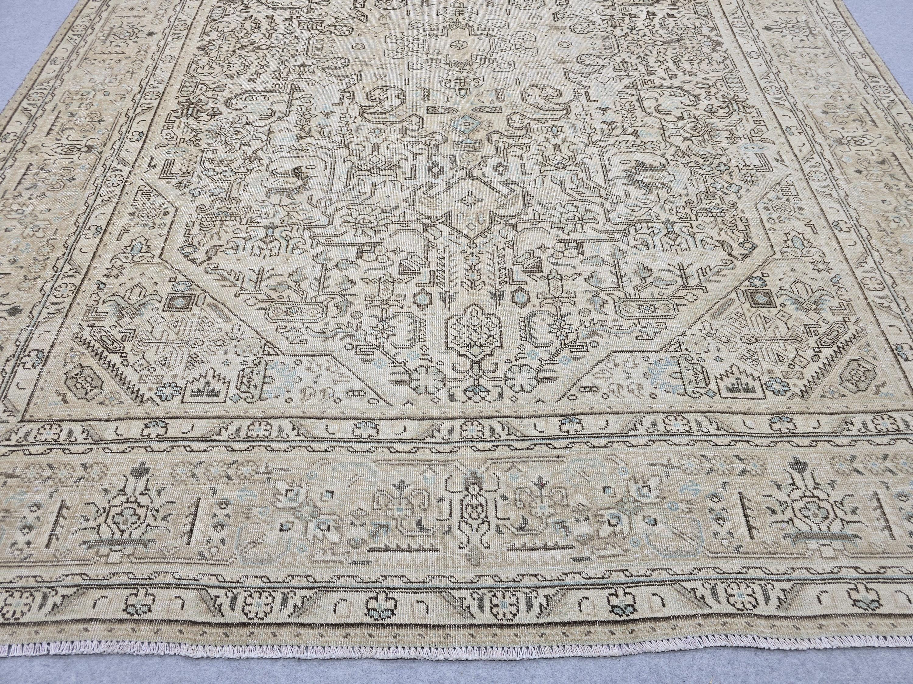 Handmade 8x11 Neutral Area Rug for Livingroom and Bedroom, Hand Knotted Turkish Oushak Rug