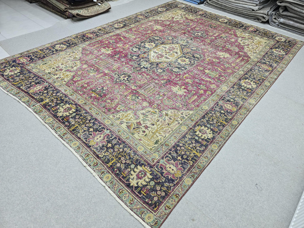 Hand Knotted Oushak Rug 9x13, Bold Magenta Floral Turkish Wool Carpet