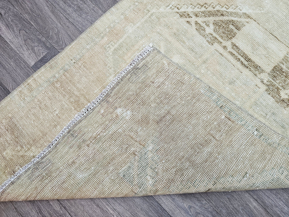 Vintage Turkish Oushak Wool Runner: Beige Brown Distressed Hallway Rug (3x11.6 ft)