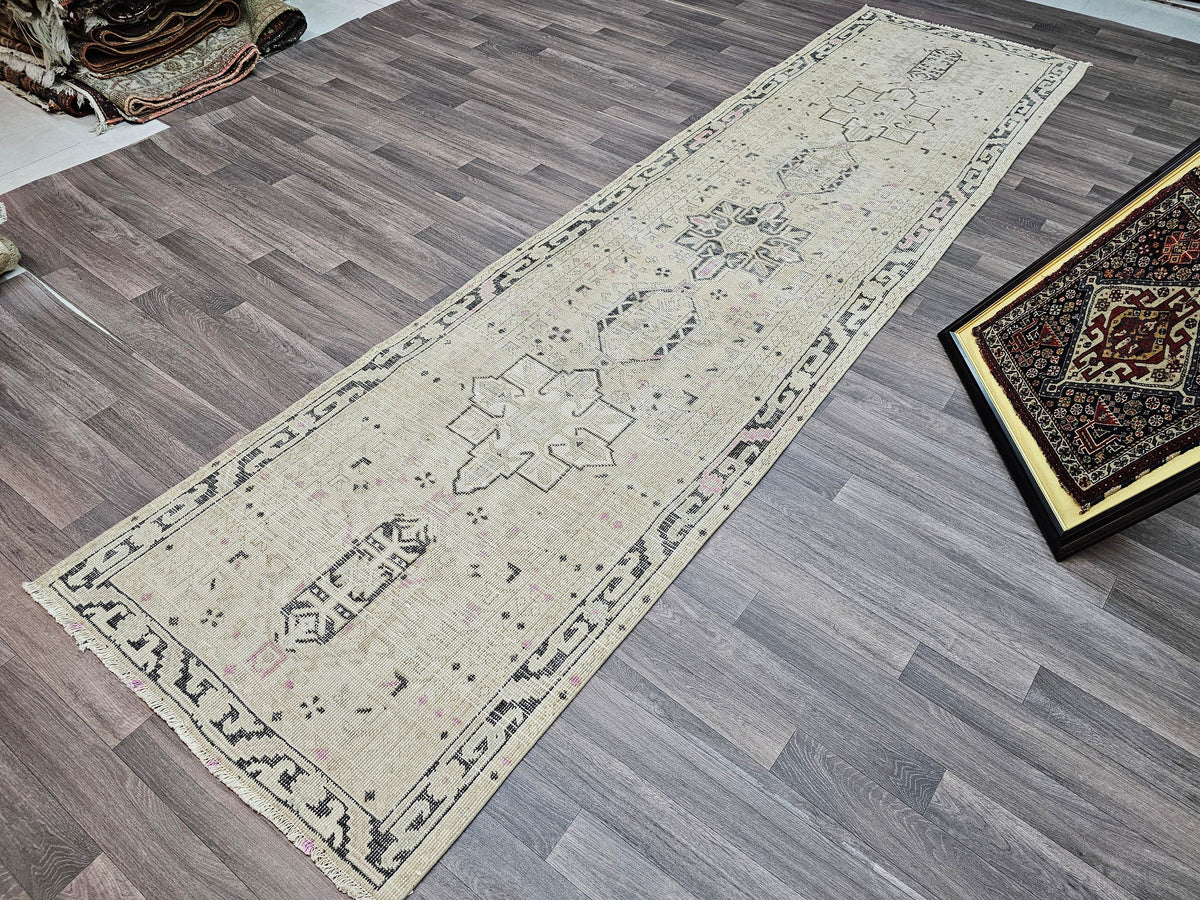 Vintage Turkish Oushak Wool Runner Rug: 3x12 Neutral Hallway Carpet