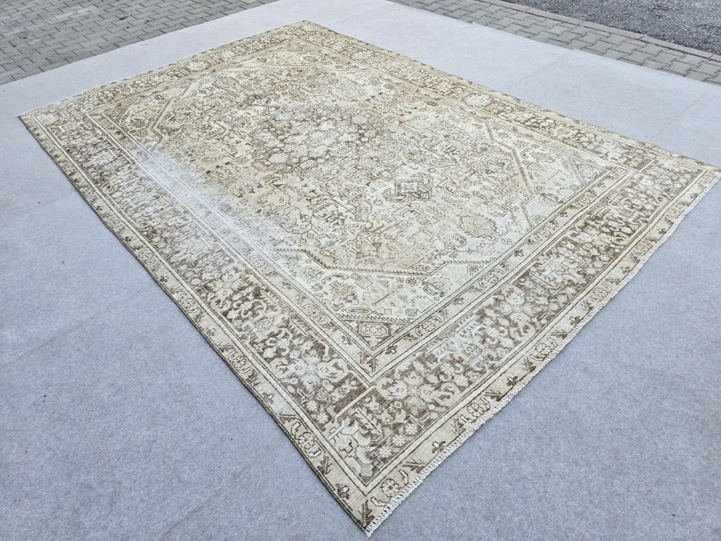 8x11 Vintage Turkish Rug, Neutral Beige Distressed Area Rug, Handwoven Large Rug