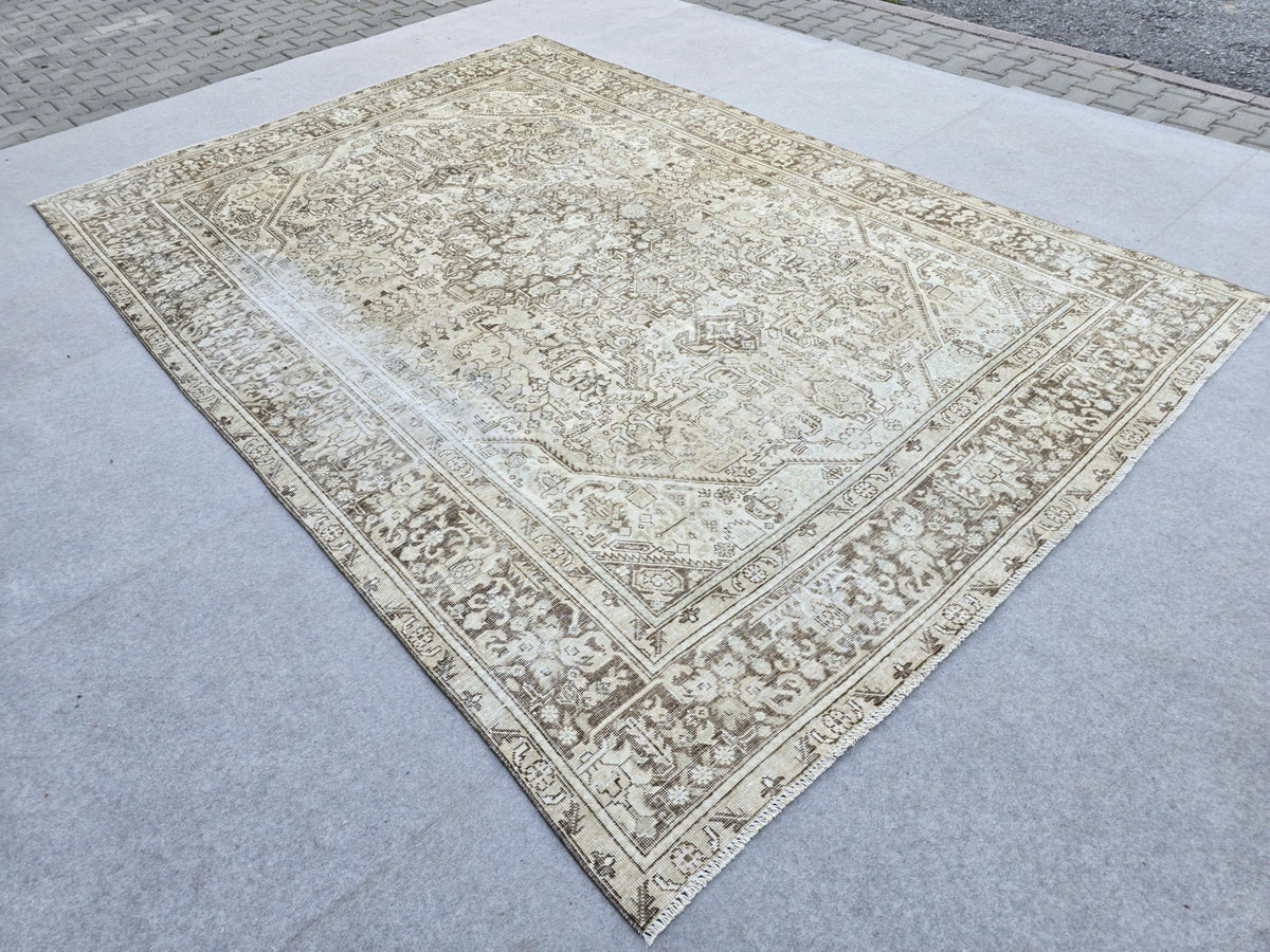 8x11 Vintage Turkish Rug, Neutral Beige Distressed Area Rug, Handwoven Large Rug