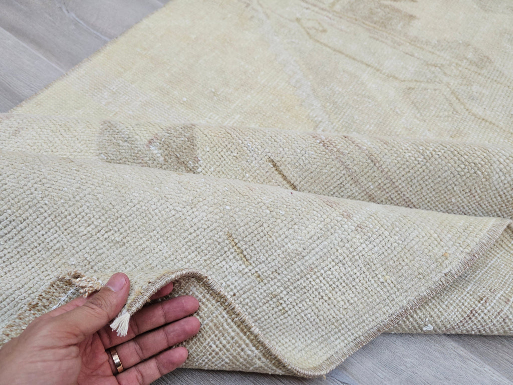 Antique Turkish Oushak Runner Rug: Beige Cream Wool, 3x12 ft