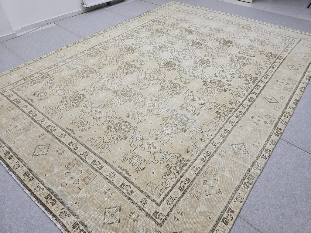 Oushak Rug 9x13 Faded Neutral Vintage Turkish Carpet Hand Woven Distressed Area Rug