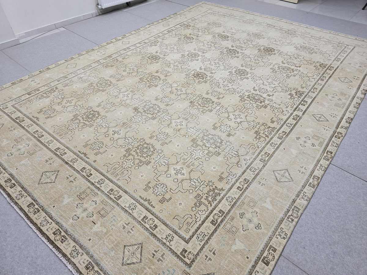 Oushak Rug 9x13 Faded Neutral Vintage Turkish Carpet Hand Woven Distressed Area Rug