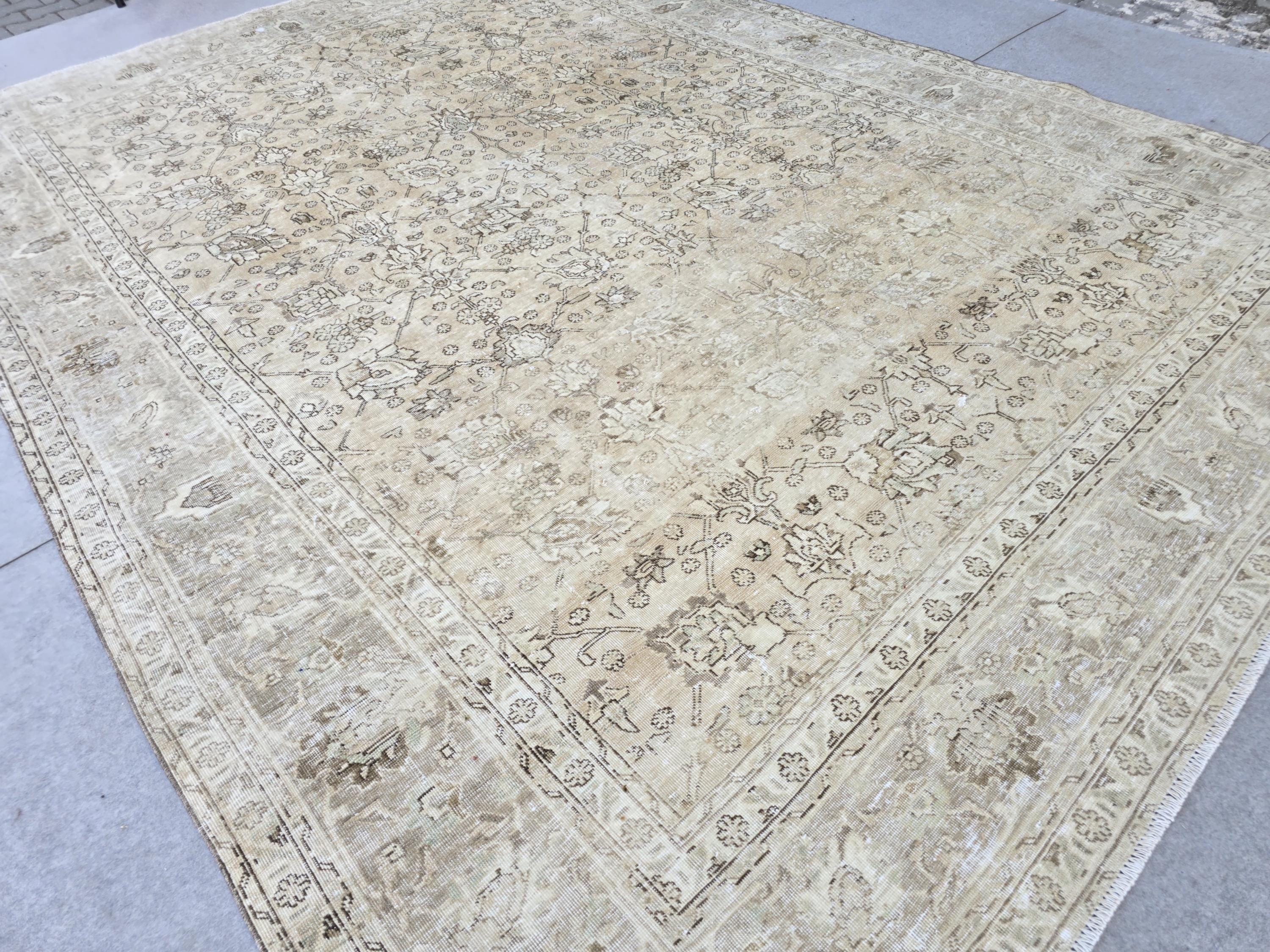 Turkish Rug 9x12 Beige  Vintage Hand Knotted Oriental Area Carpet