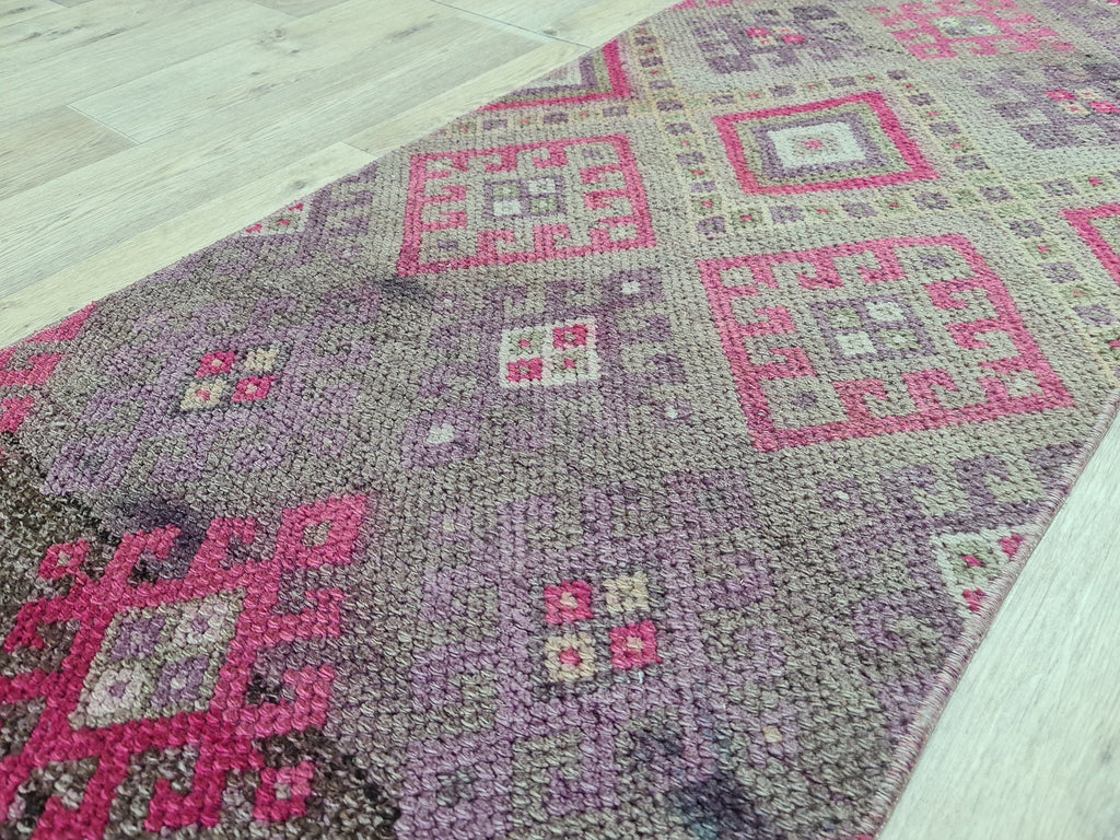 Hand Knotted Wool Herki Runner Rug: Vintage Turkish Hallway Rug