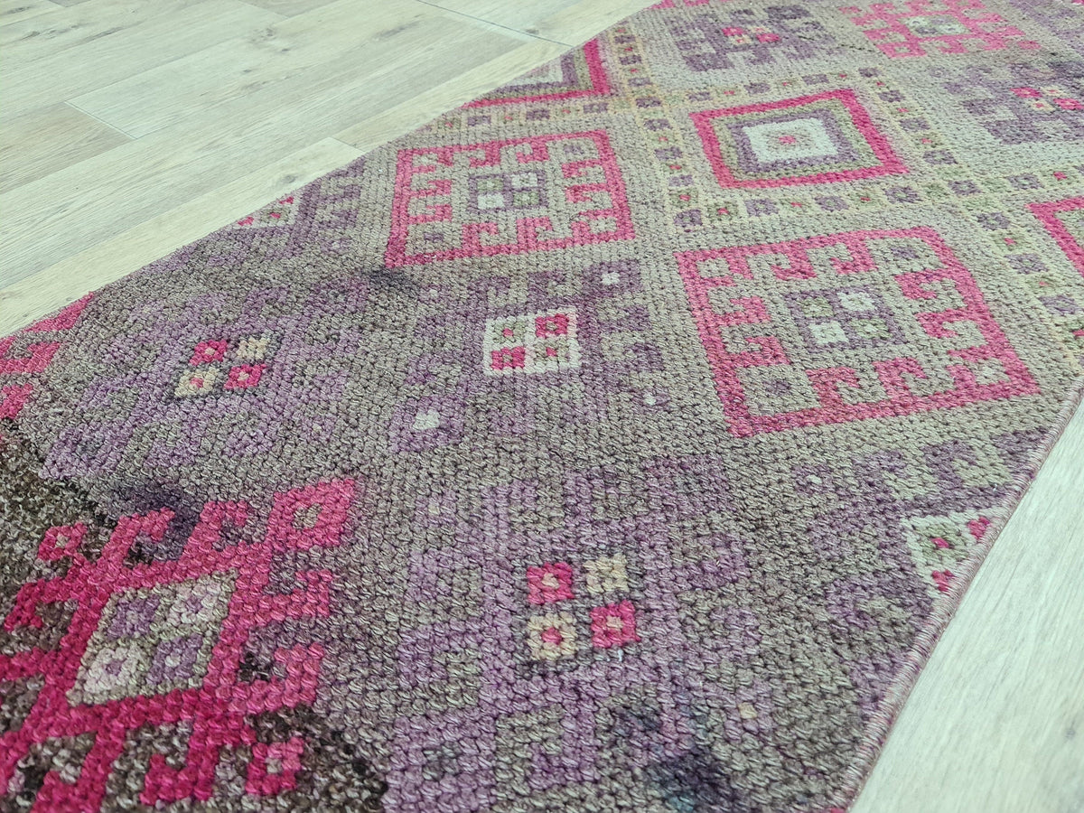 Hand Knotted Wool Herki Runner Rug: Vintage Turkish Hallway Rug