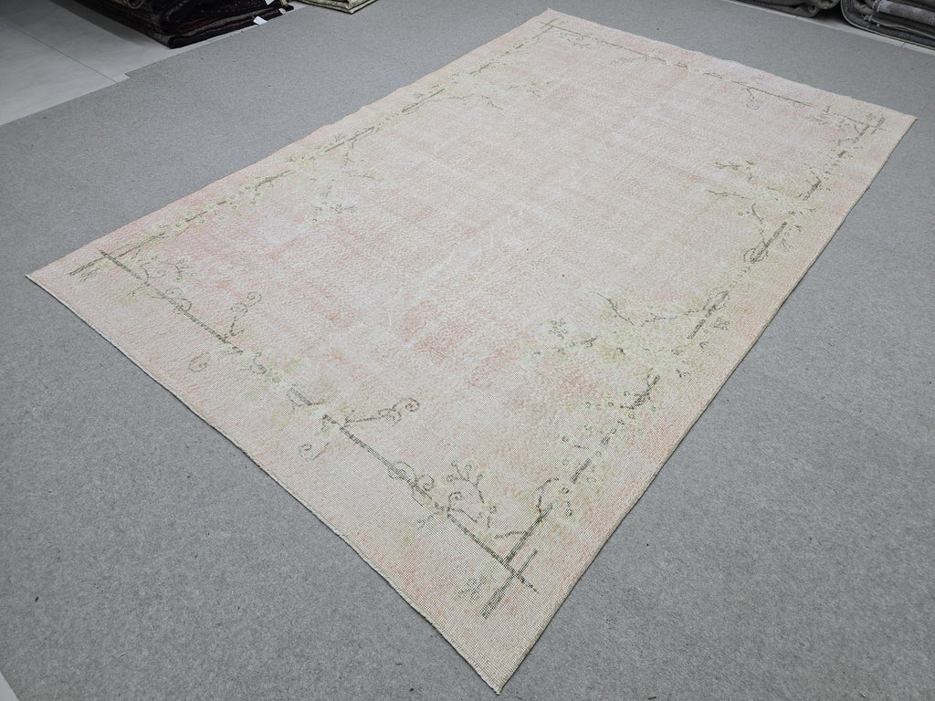 Oushak Rug 7x10, Faded Blush Pink Hand Knotted Turkish Area Rug, Muted Neutral Wool Carpet, Boho Bedroom Living Room Farmhouse Decor