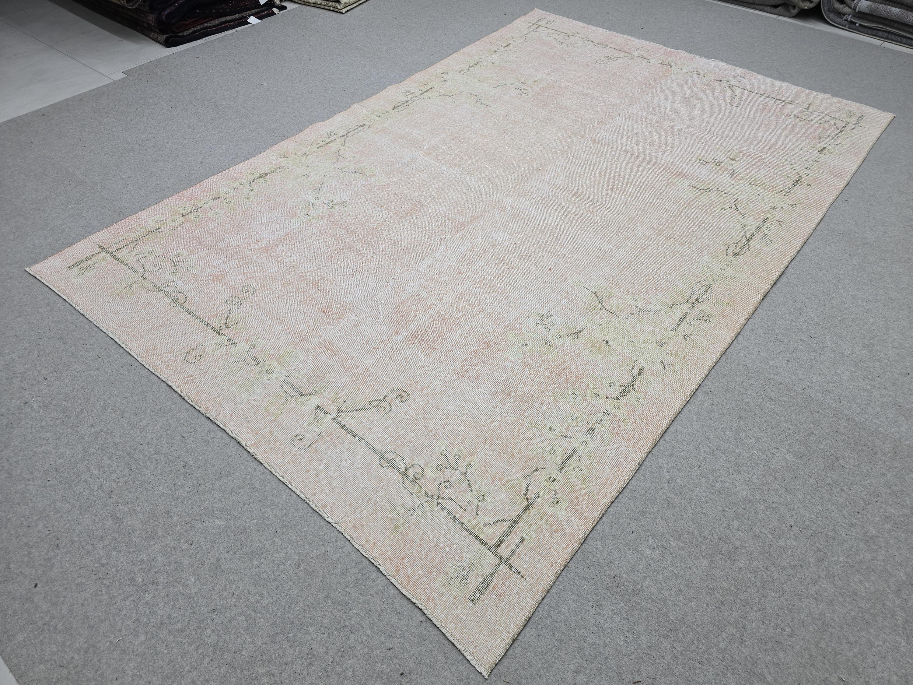 Oushak Rug 7x10, Faded Blush Pink Hand Knotted Turkish Area Rug, Muted Neutral Wool Carpet, Boho Bedroom Living Room Farmhouse Decor