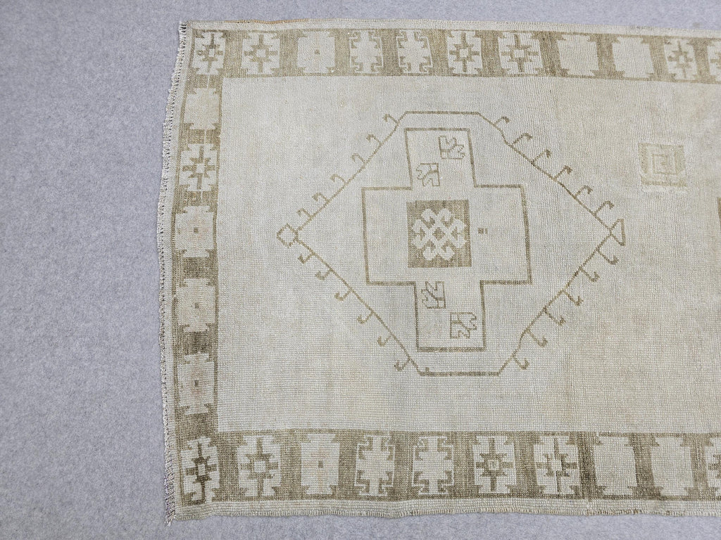 Oushak Rug 4x12, Neutral Runner Rug, Faded Hand Knotted Wool Turkish Runner, Muted Beige Hallway Rug, Vintage Boho Stair Neutral Runner