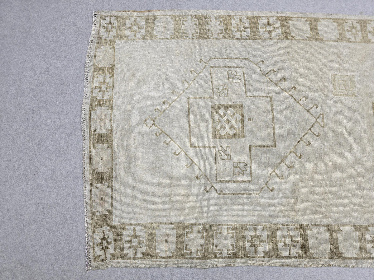 Oushak Rug 4x12, Neutral Runner Rug, Faded Hand Knotted Wool Turkish Runner, Muted Beige Hallway Rug, Vintage Boho Stair Neutral Runner