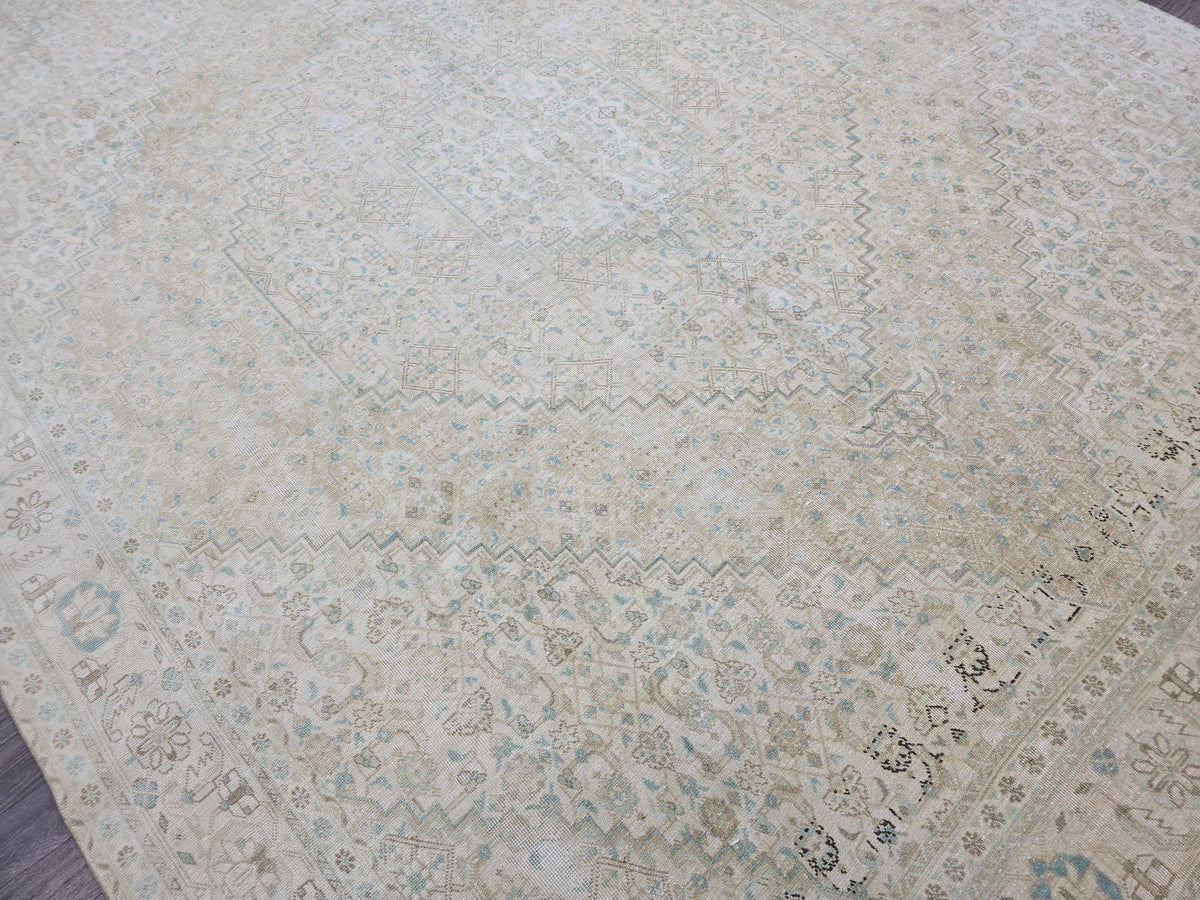 10x12 Muted Vintage Oushak Area  Rug Geometric Cream Beige Sage Green Brown