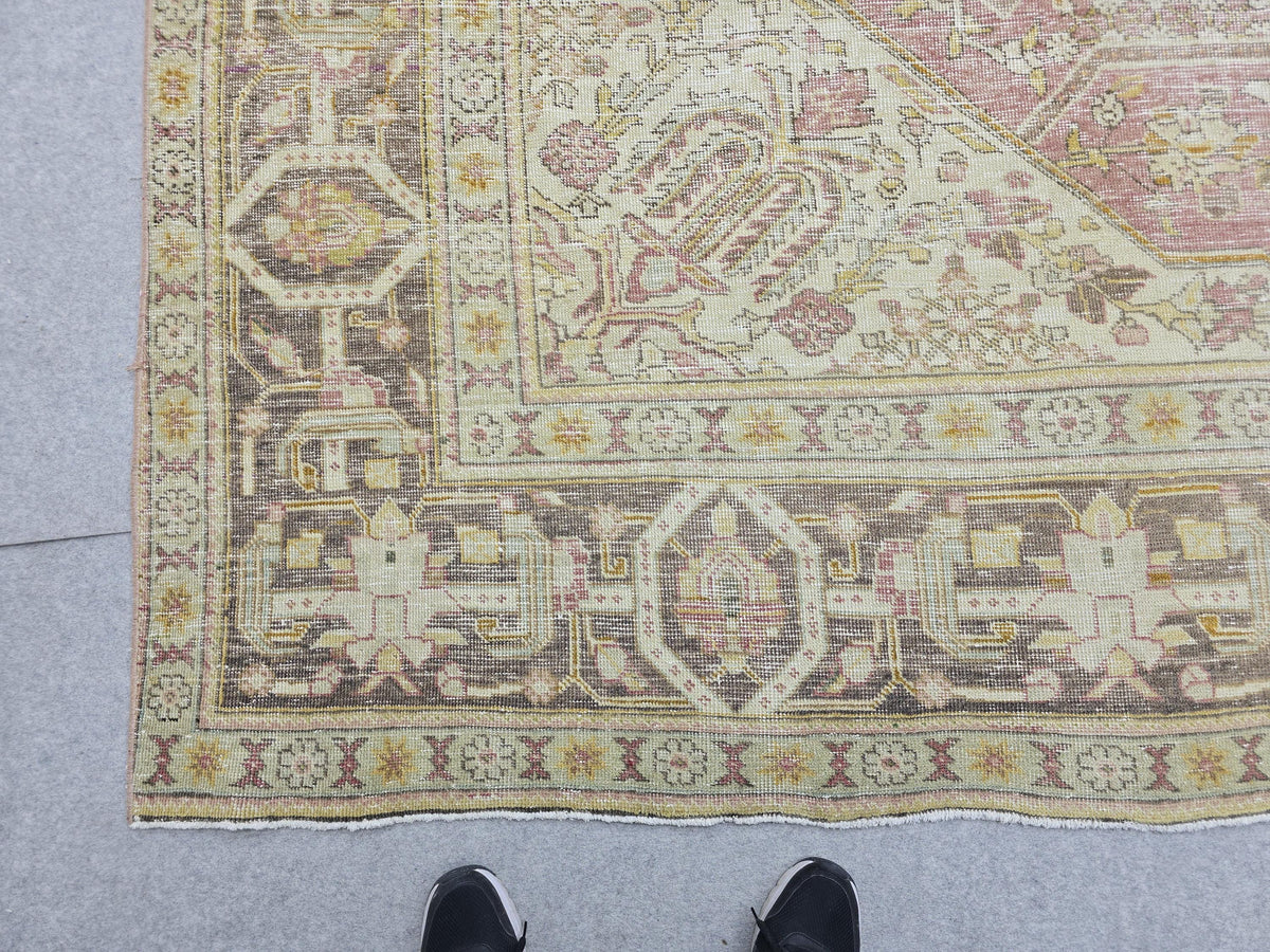 10x13 Vintage Turkish Wool Rug, Rose Pink Geometric Medallion, Distressed Area Carpet