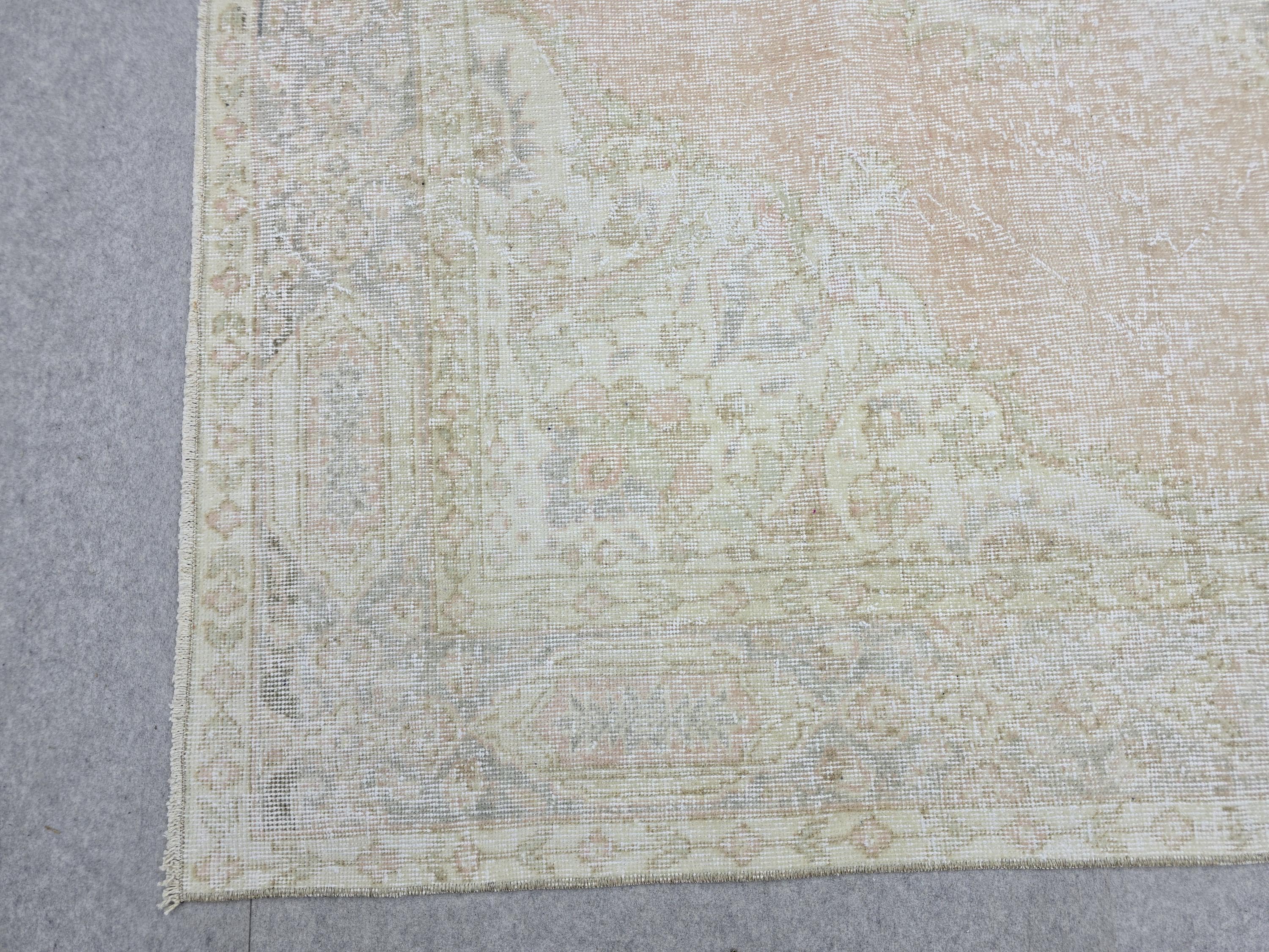Vintage Rug 6x9, Faded Oushak Carpet, Muted Medallion Turkish Area Rug for Bedroom, Distressed Neutral Wool Rug