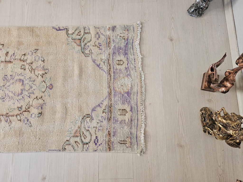3x8 Authentic Wool HandKnotted Vintage Turkish Oushak Runner Rug // 2.6x8.3 feet