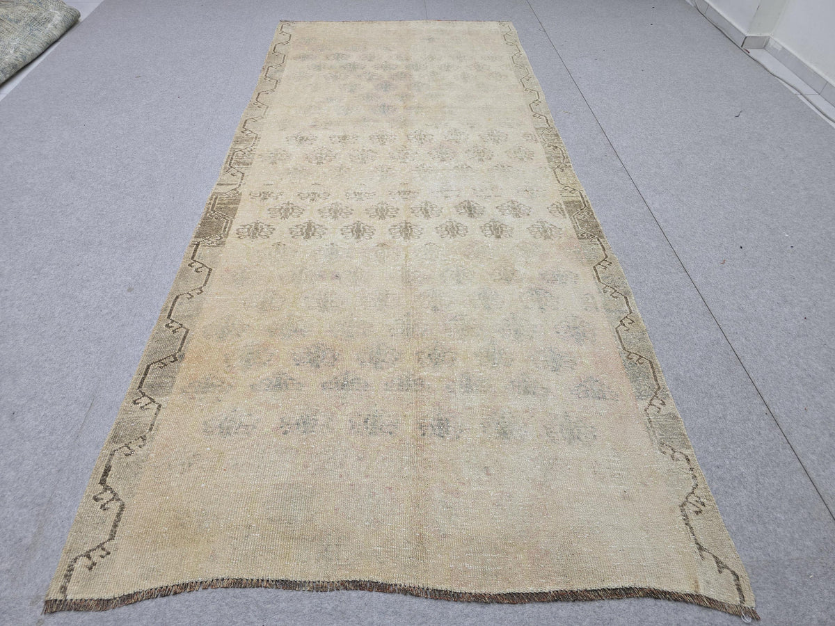 Vintage Rug 4x10, Neutral Wide Runner, Hand Knotted Wool Oushak Rug, Faded Wheat Beige Hallway Carpet, Muted Turkish Boho Gallery Rug