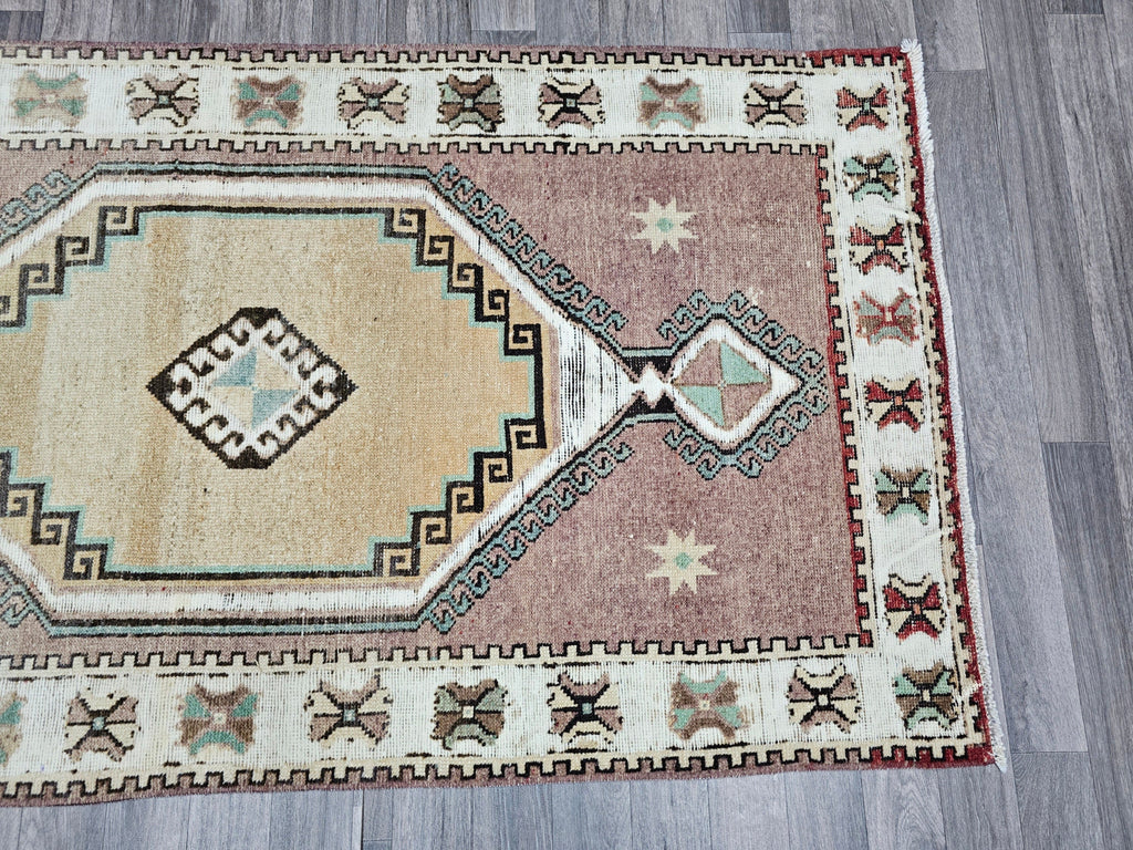 4x14 Vintage Turkish Runner Rug: Handmade Wool Oushak Carpet