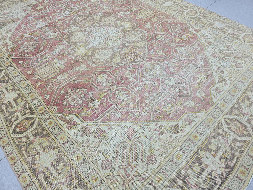 10x13 Vintage Turkish Wool Rug, Rose Pink Geometric Medallion, Distressed Area Carpet