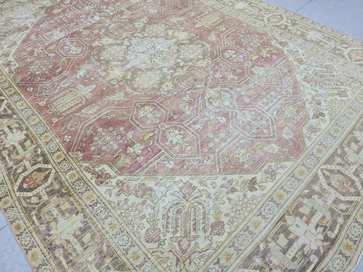 10x13 Vintage Turkish Wool Rug, Rose Pink Geometric Medallion, Distressed Area Carpet