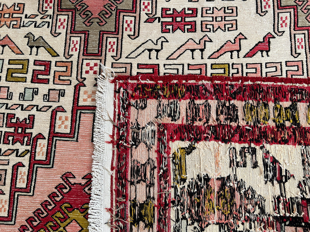 Hand Woven Silk Soumak Rug: Vintage Anatolian Animal Print (4x6)