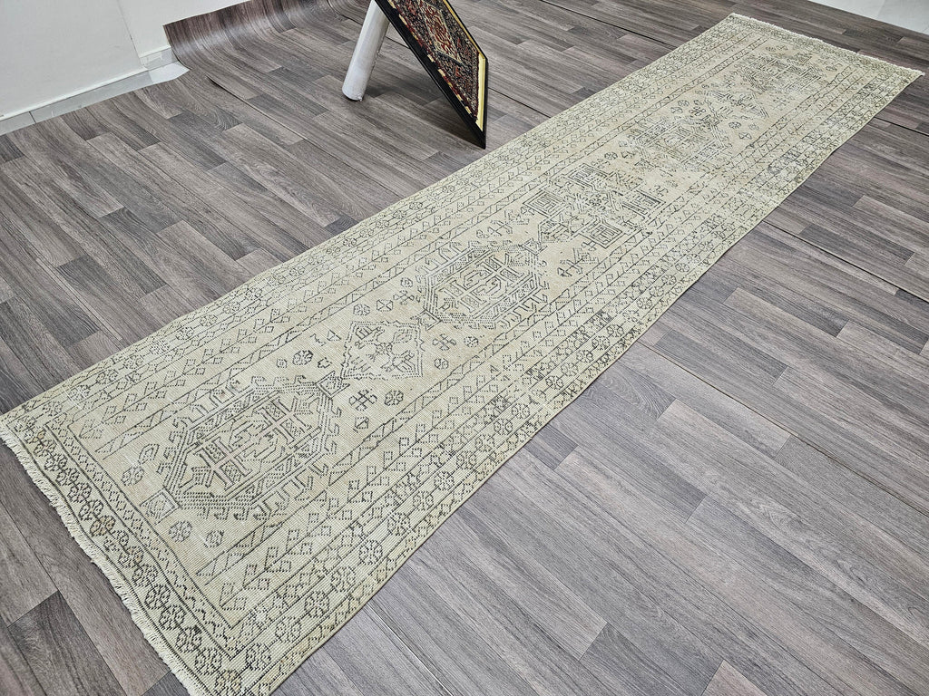 Vintage Oushak Runner Rug: 3x12 Hand-Knotted Wool Turkish Hallway Rug