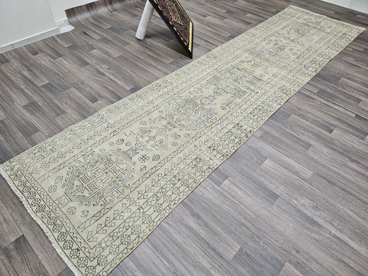 Vintage Oushak Runner Rug: 3x12 Hand-Knotted Wool Turkish Hallway Rug