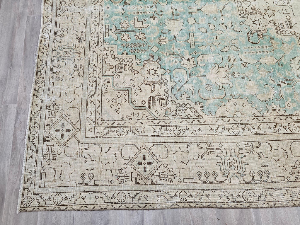 10x12 Neutral Wool Large Vintage Oushak Rug: 10x12 Beige and Sage Green Wool Area Rug